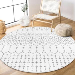Lahome Moroccan Round Rugs 4Ft Washable Non-Slip Small Round Area Rug for Bedroom Soft White Low-Pile Round Throw Rug, Modern Geometric Print Indoor Circle Rugs for Kitchen Living Room Nursery Hana