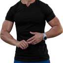Agilelin Men's Muscle Short Sleeve Shirts Slim Fit V Neck T-Shirts (Black, L)