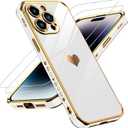 LeYi for iPhone 14 Pro Max Case: with Tempered Glass Screen Protector [2 Pcs]+ Full Camera Lens Protection,Love Heart Plating Women Cute Luxury Soft TPU Shockproof Case for 14 Pro Max,White