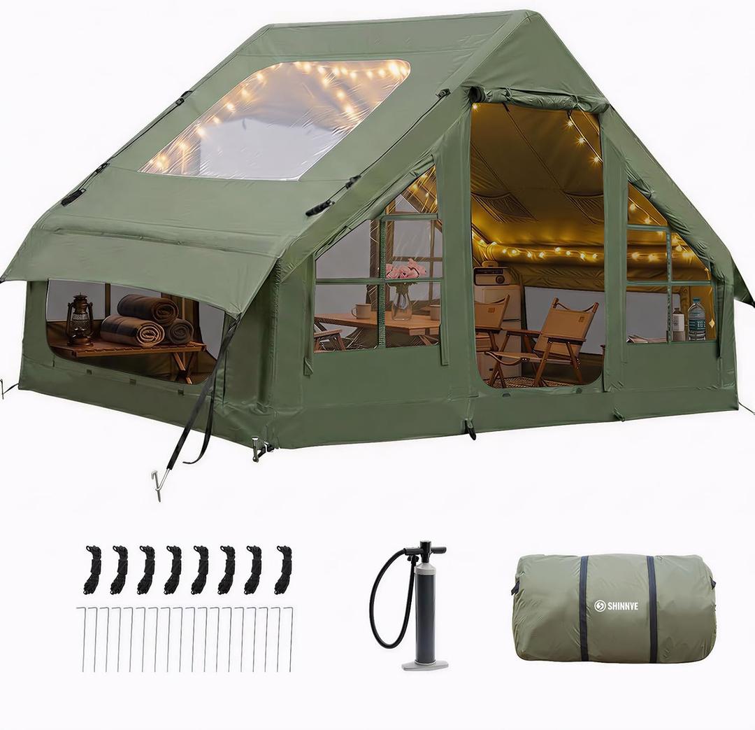 Inflatable Tents for Camping - Blow Up Tent with Stove Jack and Pump, Hot Cabin Tent House Easy Setup 4 Season Waterproof Oxford Glamping Air Tents for Adult 4 Person