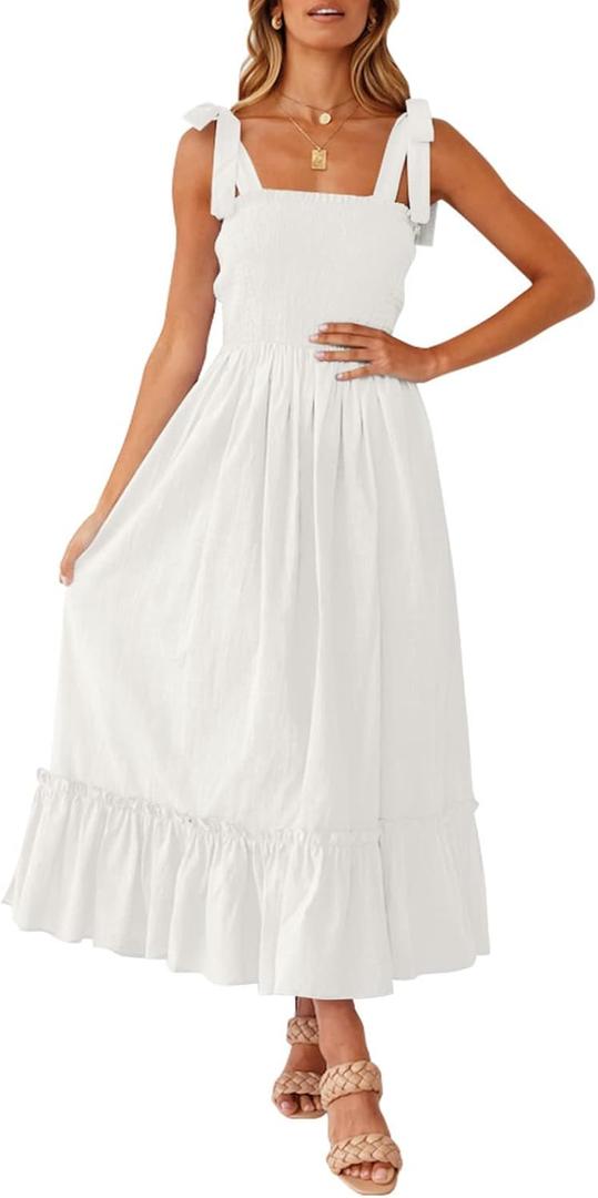 ZESICA Women's 2025 Summer Boho Spaghetti Strap Square Neck Solid Color Ruffle A Line Beach Long Maxi Dress (White, Size S)