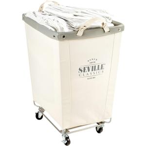 Seville Classics Large Commercial Heavy Duty Rolling Steel Frame Laundry Hamper Canvas Cart Bin, w/Wheels for Hotel, Home, Closet, Bedroom (PATENTED), Cream, 22" D x 16" W