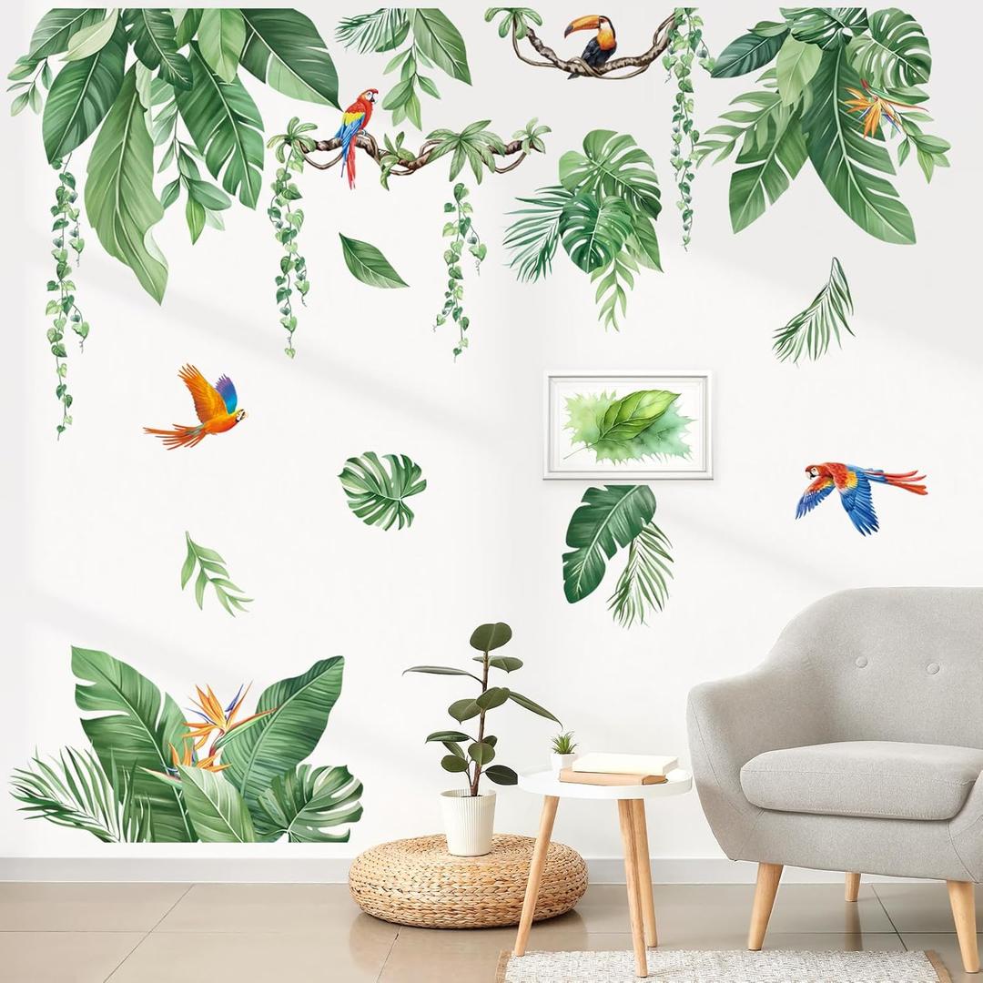decalmile Tropical Jungle Leaves Wall Decals Palm Leaf Hanging Vines Green Plants Wall Stickers Living Room Bedroom Tv Background Wall Decor
