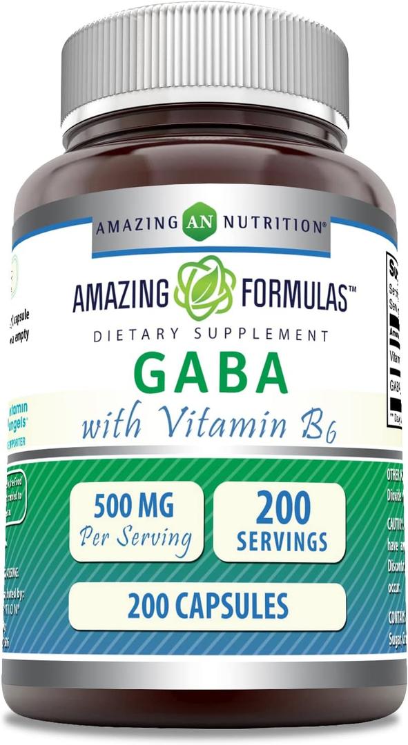 Amazing Formulas GABA with Vitamin B6 Supplement | 500 Mg Per Serving | 200 Capsules | Non-GMO | Gluten Free | Made in USA Amazing Formulas GABA with Vitamin B6 Supplement | 500 Mg Per Serving | 200 Capsules | Non-GMO | Gluten Free | Made in USA