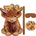 Shappy 4 Pcs Cow Piata Highland Cow Birthday Decorations Piata Themed Party Supplies with Blindfold Stick Confetti Farm Supplies for Theme Birthday Party Girls Boys Kids 15.75 x 11.22 Inch(Brown)