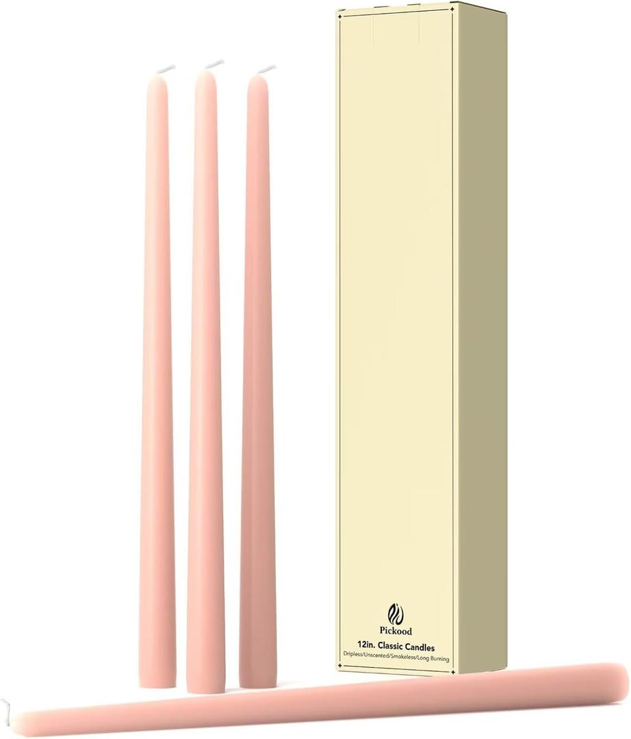12-Inch Tall Dripless Taper Candles Set of 4 - Pearl Pink Tapered Candles, Perfect for Christmas - Smokeless, Unscented, Long Burning - Hand Poured, Colored Tall Candlesticks - Rosa Perla
