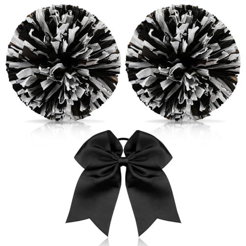 Hanaive 3 Pcs Cheerleading Pom Poms and Large Cheerleader Hair Bow Metallic Cheer supplies for Team Spirit Sports Dance Cheering(Black Mixed White,Matte)