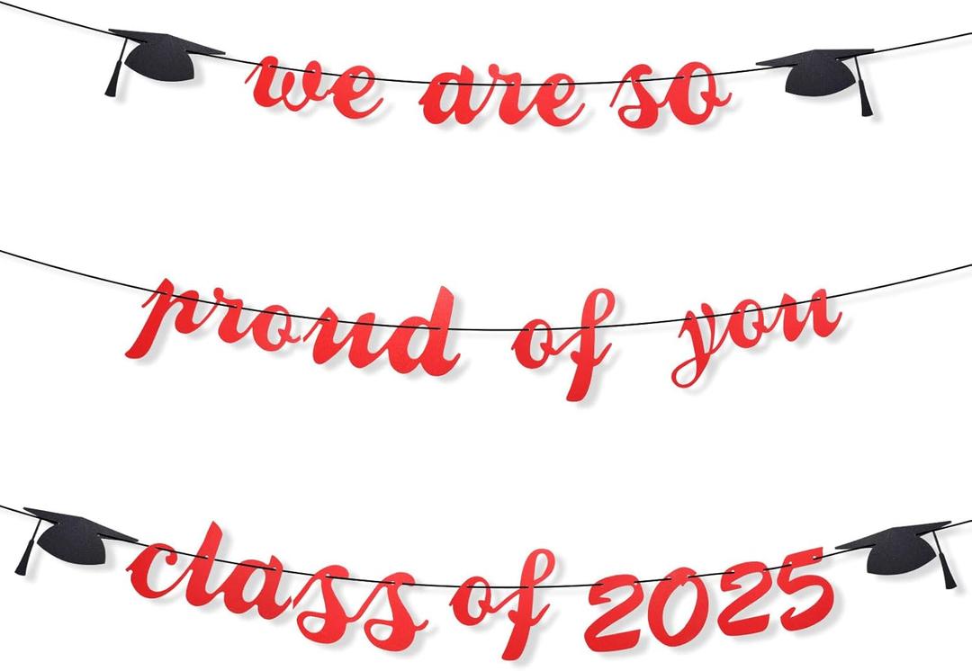 3pcs 2025 Graduation Banner, Glitter Graduation Decorations We Are So Proud of You Class of 2025 Congrats Grad Sign Garland Backdrop for High School College Party Supplies (Red)