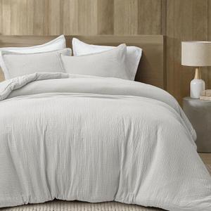PHF Cotton Muslin Comforter Set Queen – 100% Cotton Cover, Ultra Soft & Breathable, 3PCS Lightweight All-Season Bedding with Polyester Fill, 1 Comforter 90"x90" & 2 Pillow Shams 20"x26", Light Grey