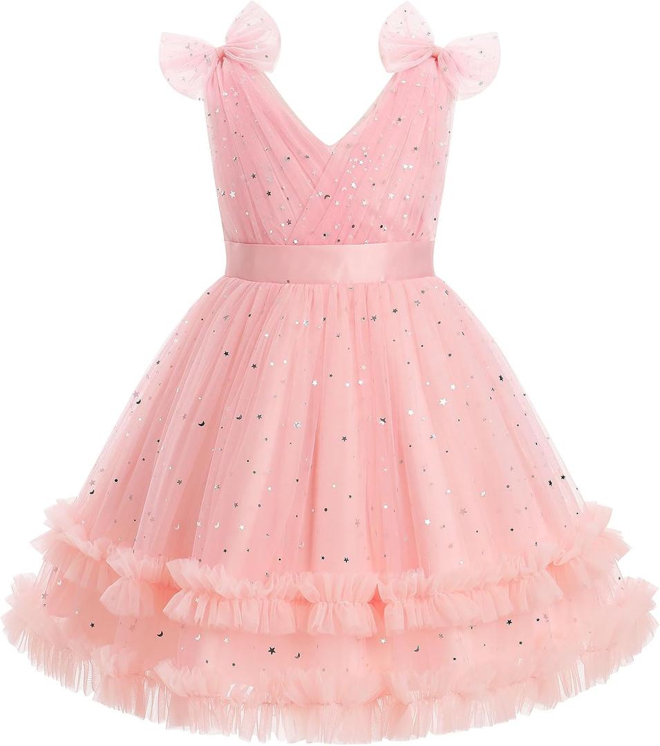 Kids Girls Sequins Dress Sleeveless Star Sequins Ruffle Tulle Tutu Dress Ball Gown Wedding Flower Girl (Pink)