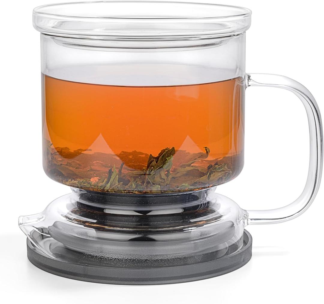 Glass Tea Infuser  Loose Leaf Brewer Cup with Lid  Premium Glass Steeper for Loose Leaf with Coaster | Easy Brew & Clean, BPA-Free, Innovation Smart Tea Maker for Daily Brewing | 17oz