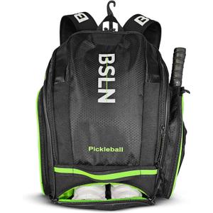 BSLN Pickleball Bag  Large Pickle Ball Sports Backpack with Padded Paddle Pockets & Large Bottom Sack for Shoes  Hanging Fence Hook, Storage Compartments for Laptop, Insulated Water Bottle (Green)