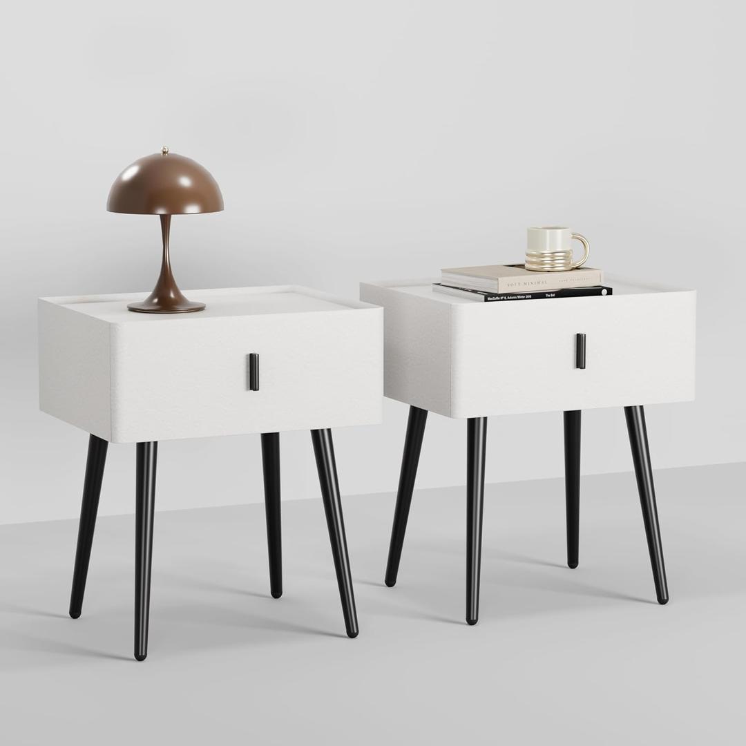 Nightstand Set of 2 with Single Drawer,Leather Side Table,Modern Bedside Table with Metal Legs for Bedroom,Small Accent End Table,White