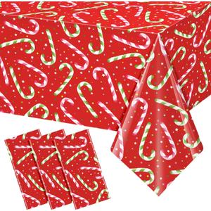 3 Pack Christmas Candy Cane Tablecloths for Rectangle Tables, Red Green Xmas Disposable Plastic Table Cover Waterproof Candy Cane Christmas Table Decorations for Holiday New Year Party, 54x108 Inch