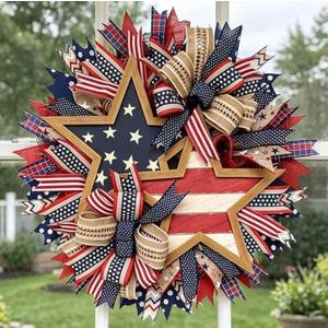 250th Anniversary Patriotic Star Wreath, 15.7'' Red White and Blue Wreath All-Weather Farmhouse Outdoor Holiday Decoration, Memorial Wreath for Front Door, 4th of July Garland for Home Wall Porch