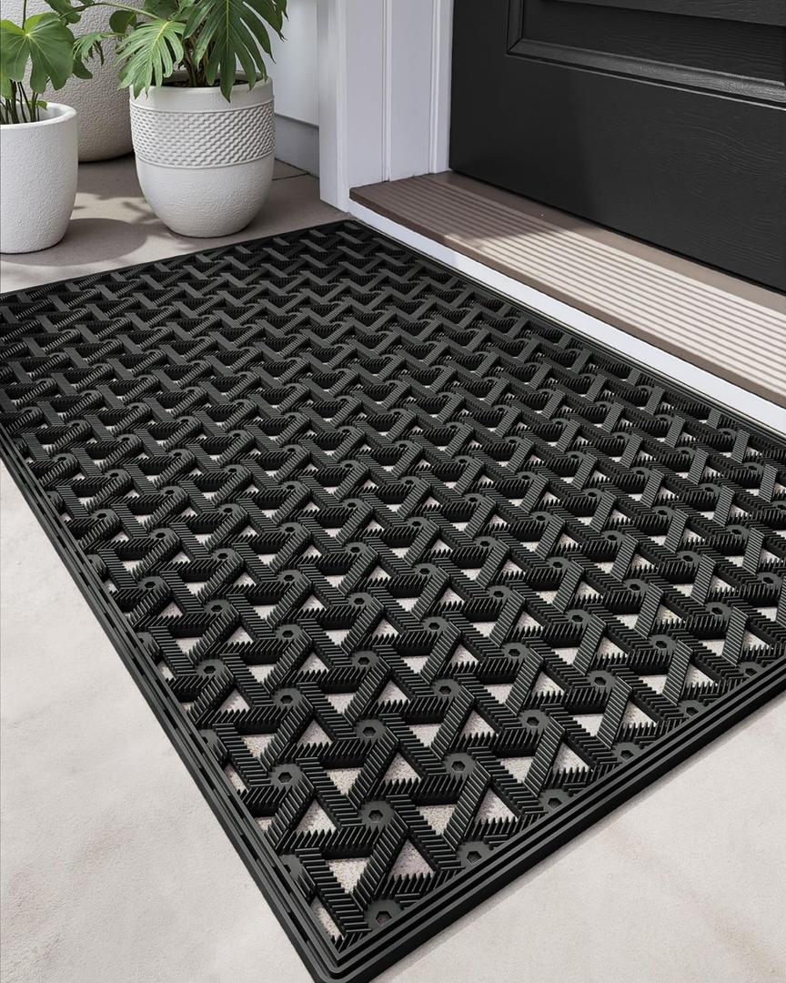DEXI Front Door Mat Outside Entrance Rubber 24x36, Welcome Floor Doormat Heavy Duty Non Slip, Dirt Trapper Waterproof Exterior Entry Mats All Weather for Patio Entryway Drainage, Black