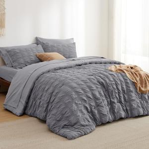 Bedsure Bed in a Bag Queen - 7 Pieces Plaid Seersucker Bedding Comforter Sets, Soft Lightweight Grey Boho Bed Set with Comforters Queen Size, Sheets, Pillowcases & Shams (05 - Grey)