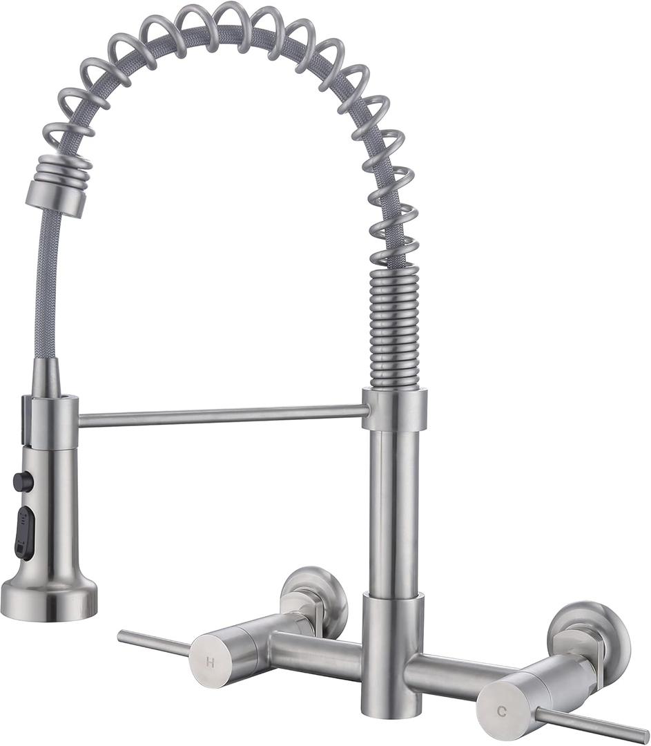 Wall Mount Kitchen Faucet, 8 Inch Center Wall Mount Kitchen Sink Faucet with Pull Down Sprayer Commercial, Brushed Nickel