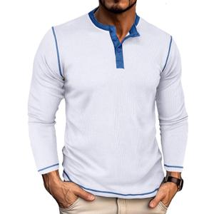 UOUA Men's Henley Shirts Long Sleeve Waffle T-Shirts Casual Button Comfortable Basic Tops White 2XL