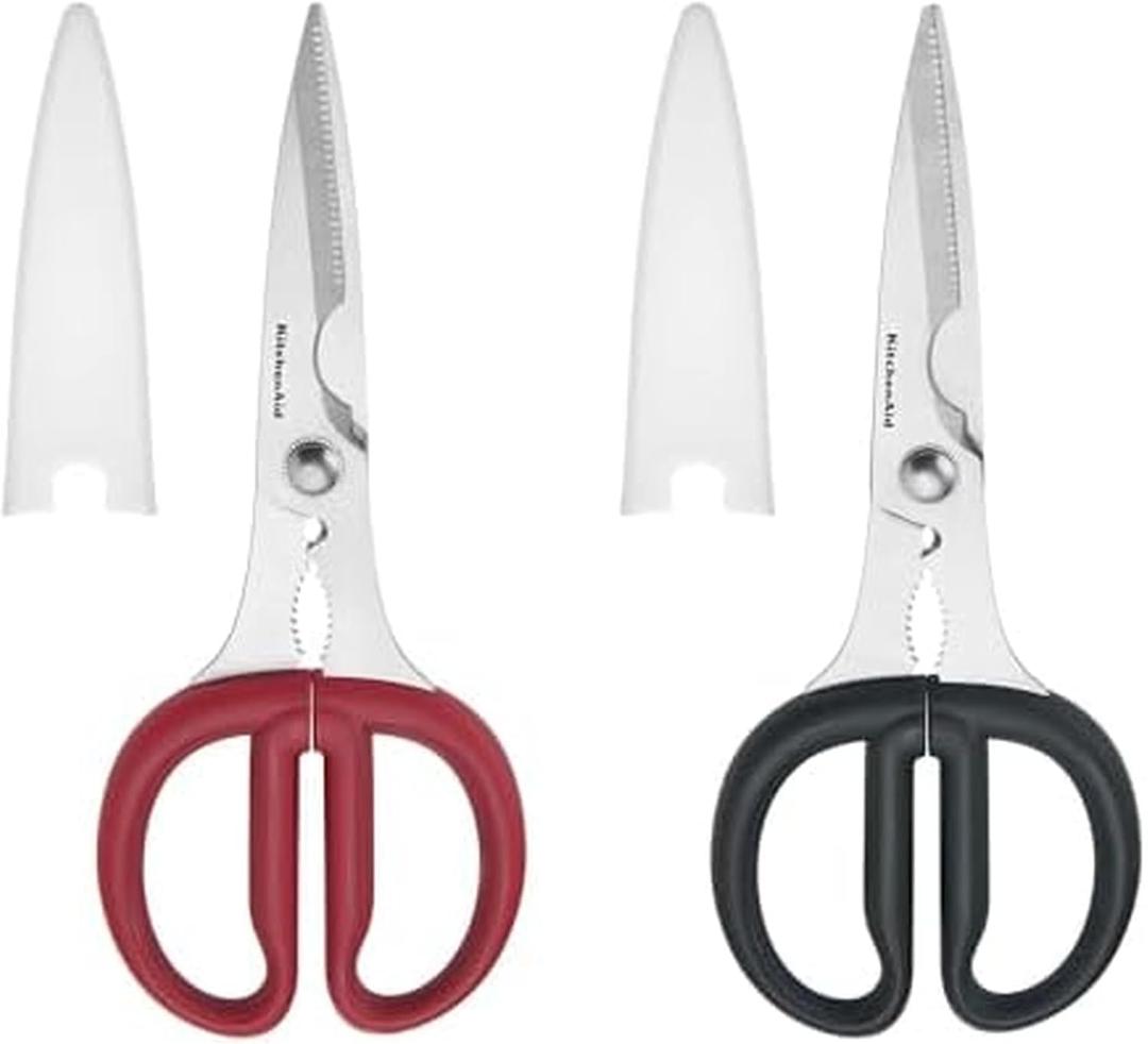 KitchenAid Multipurpose Shear Set, Versatile Scissors with Nutcracker, Bottle Opener, Ergonomic Handles with Protective Blade Covers, 2 Piece (Black/Red)