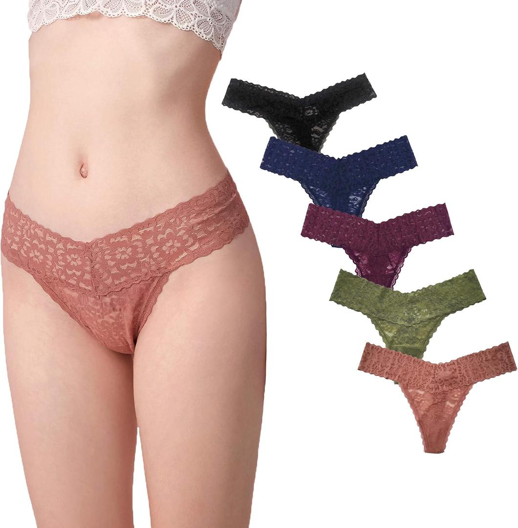 Luna & Sun Women Lace Underwear Soft Sexy Thongs (Small, Avocado, Wood, Burgundy, Navy, Black (5pcs))