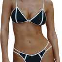 Women's 2 Piece Bikini Set Colorblock V Underwire Cami Tie Back Bathing Suit Sexy String High Cut Swimsuit (Black, M)