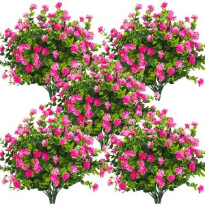 Grunyia 10 Bundles Artificial Fake Flowers, Faux Outdoor Plastic Plants UV Resistant Shrubs Outside Indoor Decorations (Pink-Eucalyptus)