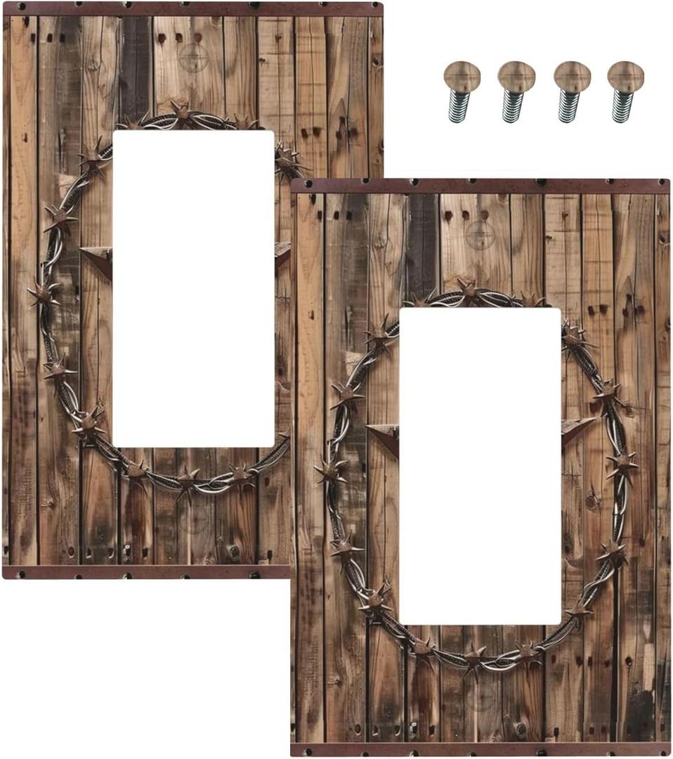 Outlet Covers Rustic Star Western Cowboy Wood 1 Gang Duplex Light Switch Cover Plate Decorative Wall Plates Electrical Switchplate Receptacle for Farmhouse Home Decor（2 Pack）