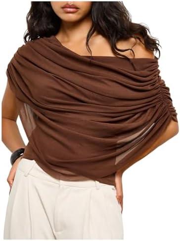 SweatyRocks Women's Off The Shoulder Tops Ruched Draped Mesh Asymmetrical Top Short Sleeve Going Out Shirts, M
