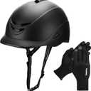 Equestrian Adult Helmet and Gloves Set with Adjustable Strap for Horseback Riding and Training, Soft and Comfortable Gloves Kits for Women and Man (Deep Black)