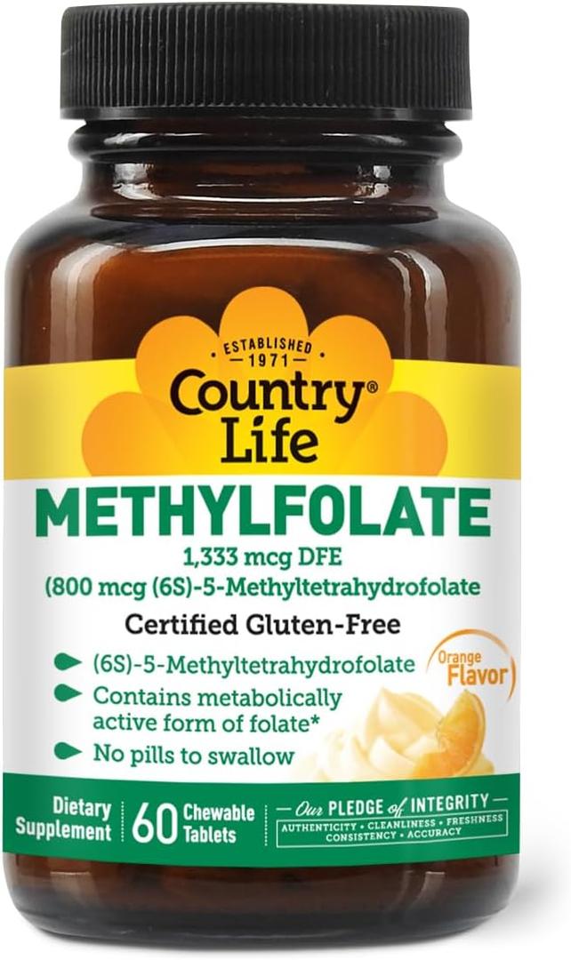 Country Life Methylfolate Chewable Tablets - Metabolically Active Folate - Great Tasting Orange Flavor - Gluten-Free - Smooth Melts - Vegan B12 - Women's Vitamins - Daily Supplement - 60 Tablets, BBD  08/2027