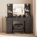 Vabches Vanity Desk with Lights, Makeup Vanity Table with Charging Station, 44.9in Big Vanity Set with 5 Drawers & Lots Storage Space, Black