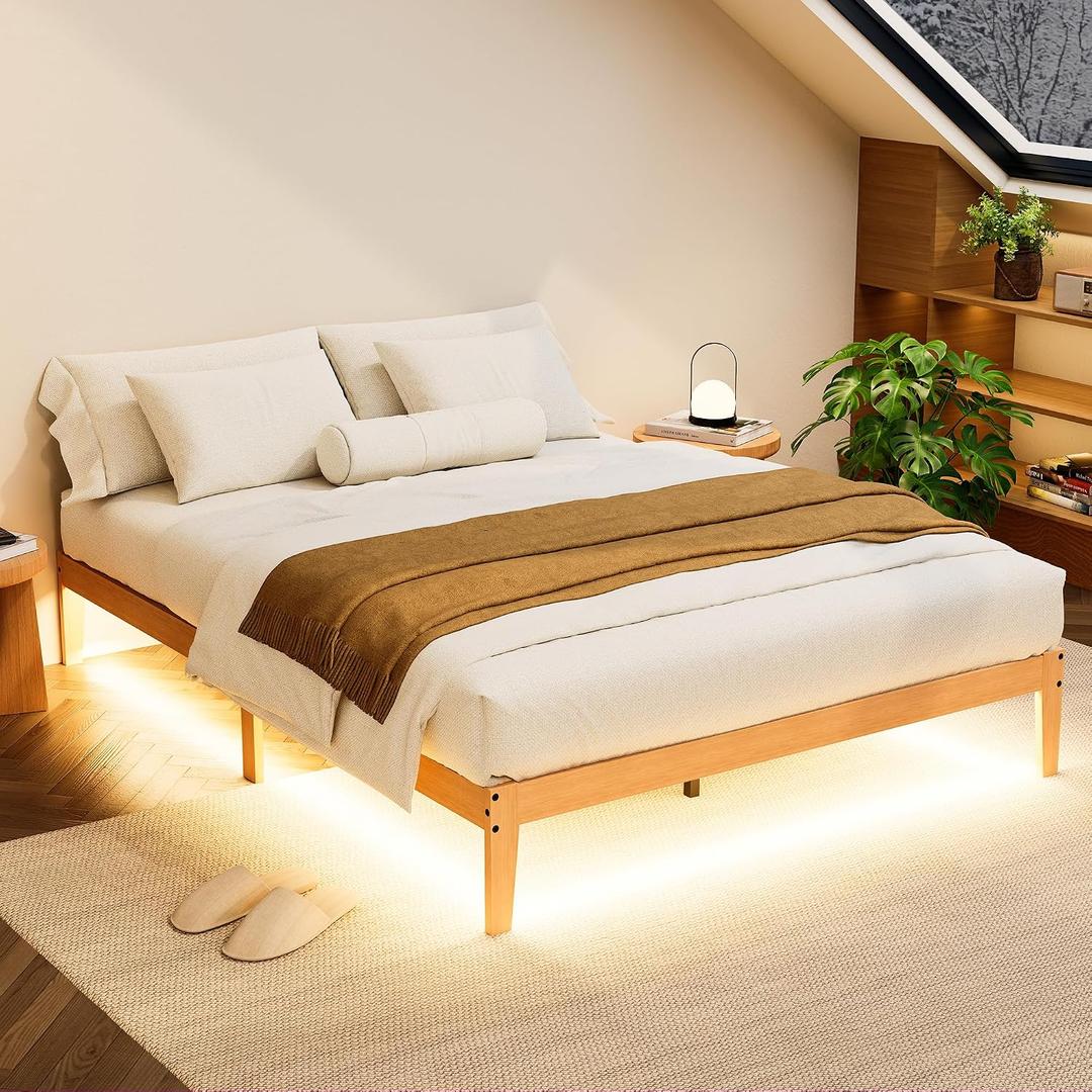 Tyndall Full Size Bed Frame with LED Lights, 12 Inch Solid Wood Platform Bed Frame with Under Bed Storage, Wooden Slats Support, Natural Finish, No Box Spring Needed, Noise Free, Easy Assembly