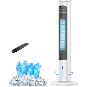 Windowless Portable Air Conditioners, 37’’ Evaporative Air Cooler w/Remote, Cooling Tower Fan, 2.5L Water Tank & Ice Packs, 12H Auto-off, 70° Oscillating, Ultra-Quiet Standing Fan For HomeOffice,White