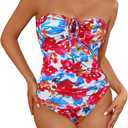 Women's One Piece Swimsuit Strapless Bandeau or Halter Bathing Suits Sexy Flattering Swimwear Red Floral S