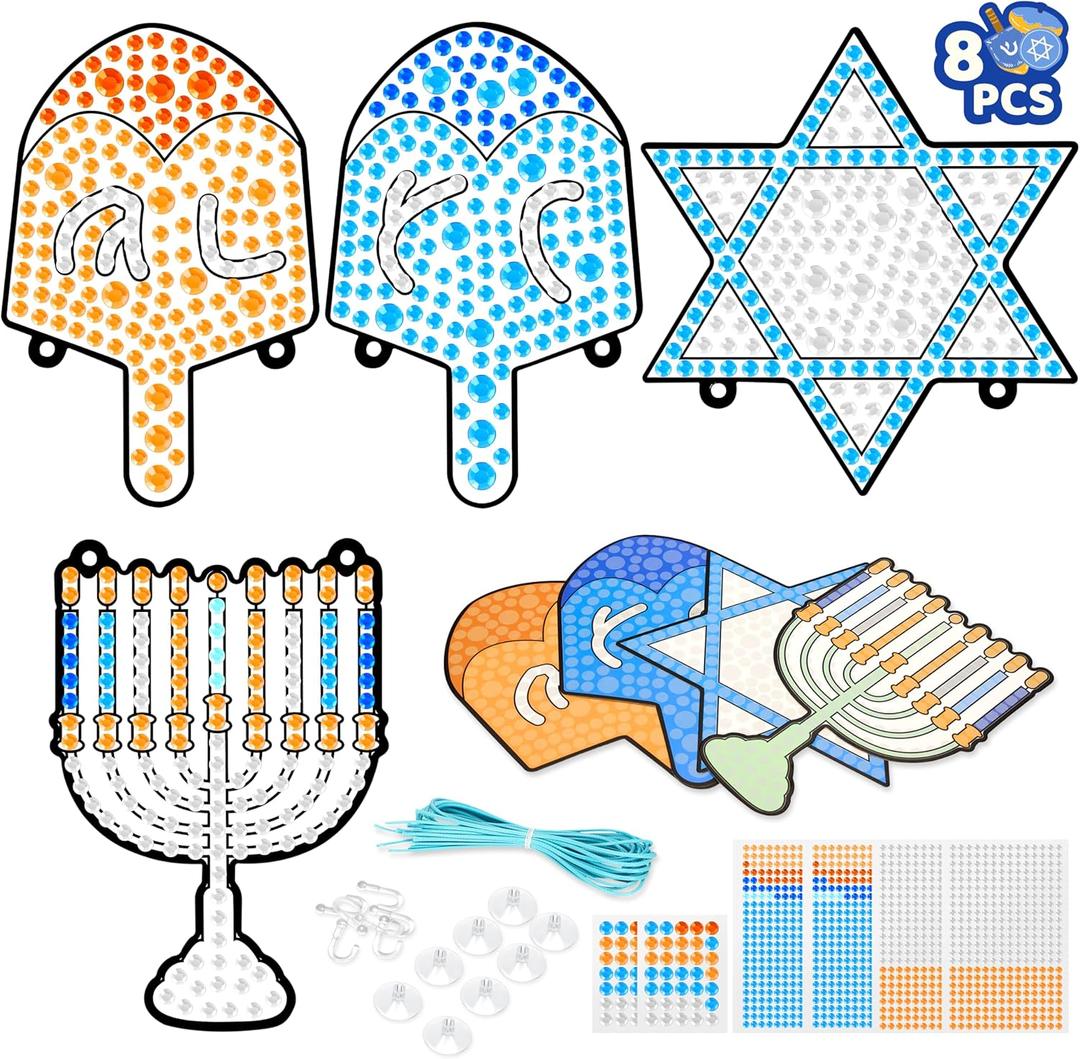 JOYIN 8 PCS Hanukkah Diamond Art Painting Hanging Window Clings Decorations, 4 Designs of Hanukkah DIY Crafts Kits for Adults Kids Classroom Home Chanukah Decor Party Supplies