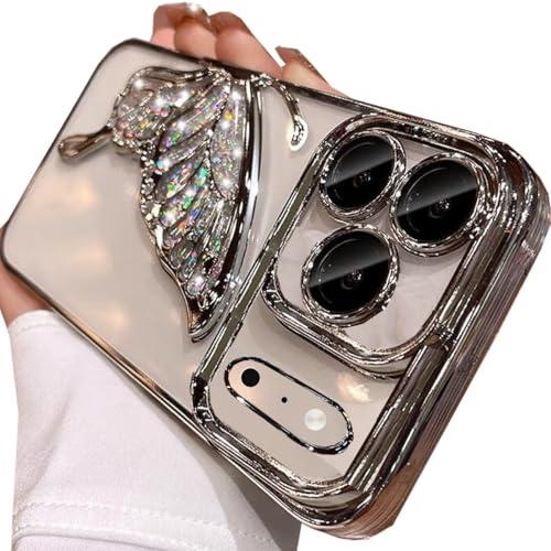 Changjia for iPhone 17 Pro Max Glitter 3D Butterfly Case, Cute Luxury Bling Sparkle Liquid Flowing Clear Cover with Camera Lens Protector Plating Bumper Women Girls Case for iPhone 17 Pro Max, Silver