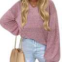 onlypuff Fall European Outfits for Women V Neck Sweaters Lightweigtht Pullover Trendy Tunic Tops Crochet Pointelle Sweater Fall Clothes Pink S (Pink, S)