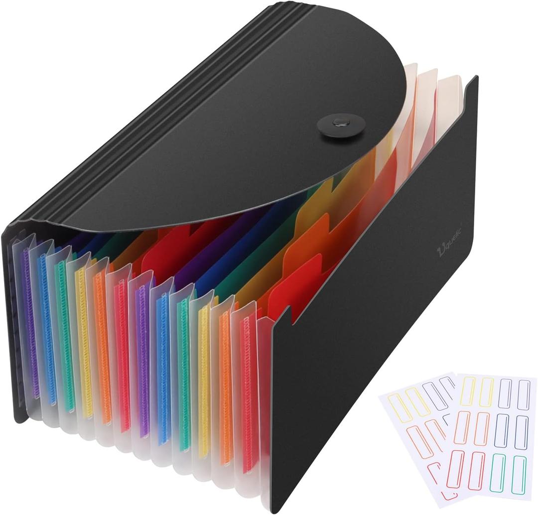 Uquelic Stand Receipt Organizer Folder - 13 Pockets Expanding Coupons Storage/Rainbow Large Capacity Bill Organizer for Desk with Label, in Case I Go Missing Binder Organizer (Black)