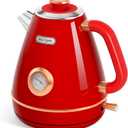 Hazel Quinn Retro Electric Kettle - 1.7 Liters / 57.5 Ounces Tea Kettle with Thermometer, All Stainless Steel, Fast Boiling 1200 W, BPA-free, Cordless, Rotational Base, Automatic Shut Off - Ruby Red