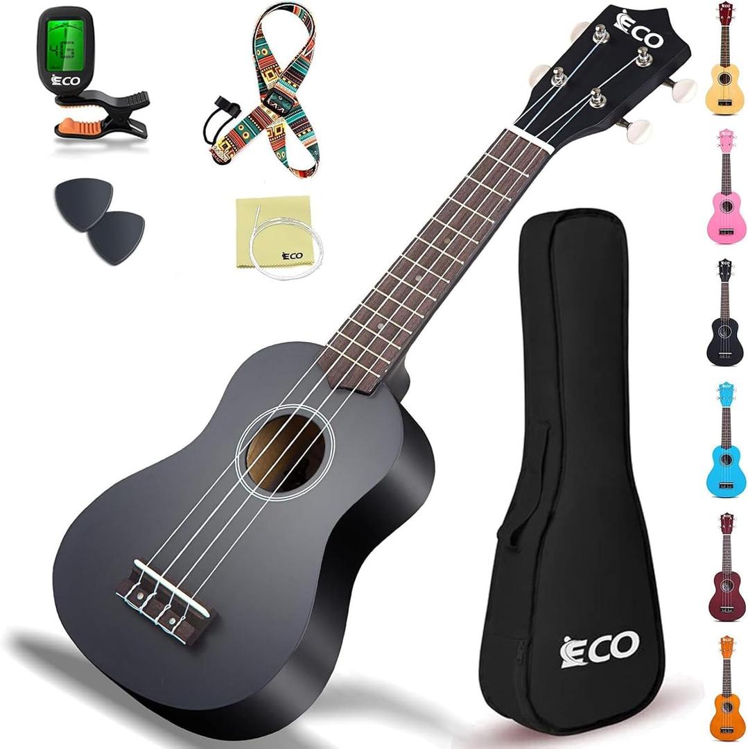 iECO Soprano Ukulele Beginner Kit Adults 21 Inch Ukelele w/Case Strap Tuner Strings Picks (Black)