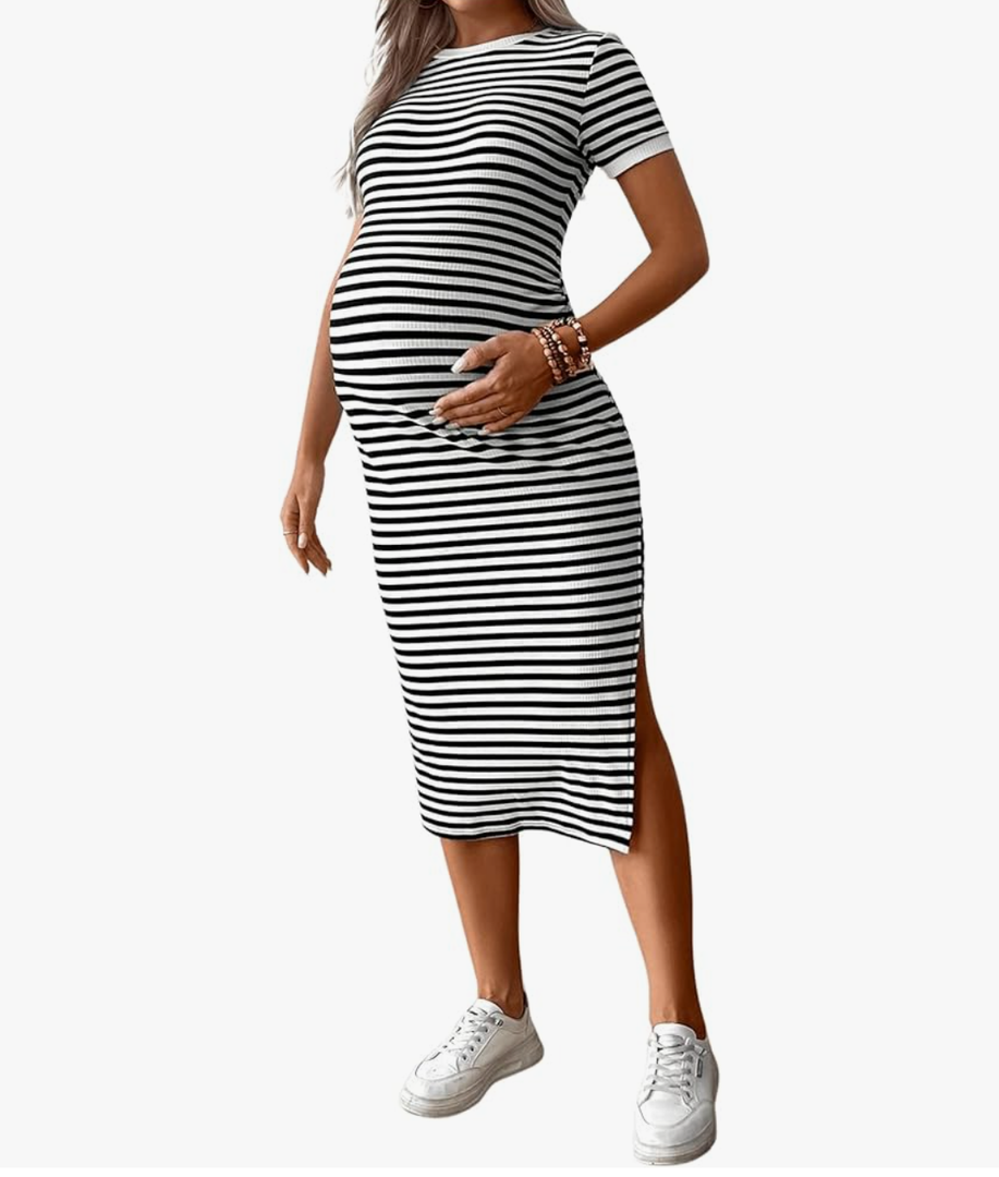 Women's Casual Striped Maternity Dress Short Sleeve Sleeve Split Thigh Bodycon Dresses Pregnancy Clothes, Size XXL