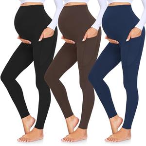 GROTEEN 3 Pack Women's Maternity Leggings Over The Belly with Pockets Wife Daughter Workout Everyday Maternity Christmas Outfit Pregnant Mom Gifts Valentine's Day Black/Brown/Navy Blue S