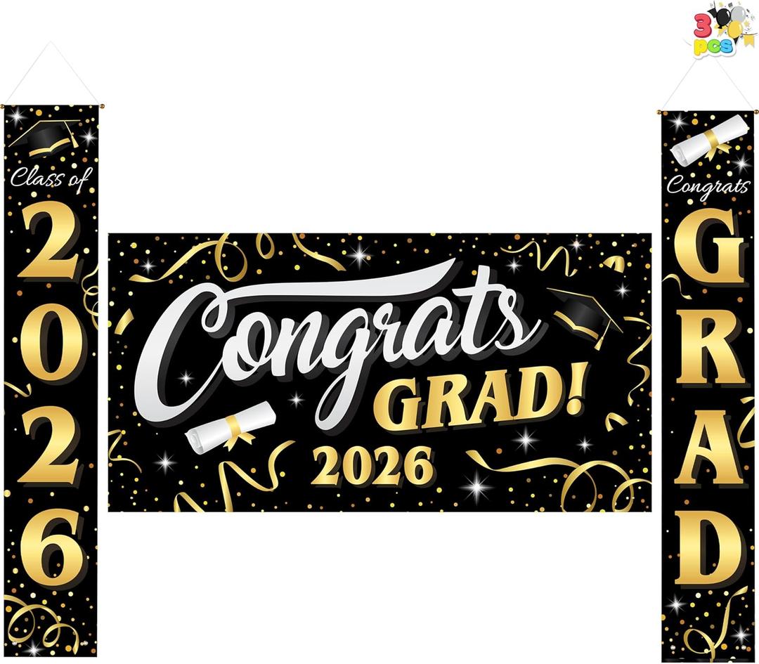 JOYIN 3 Pcs Graduation Decorations Class of 2026, Large Graduation Banners Set, Gold & Black Congrats Grad Party Backdrop and Banner Hanging Porch Supplies for College Graduation Indoor/Outdoor Decor
