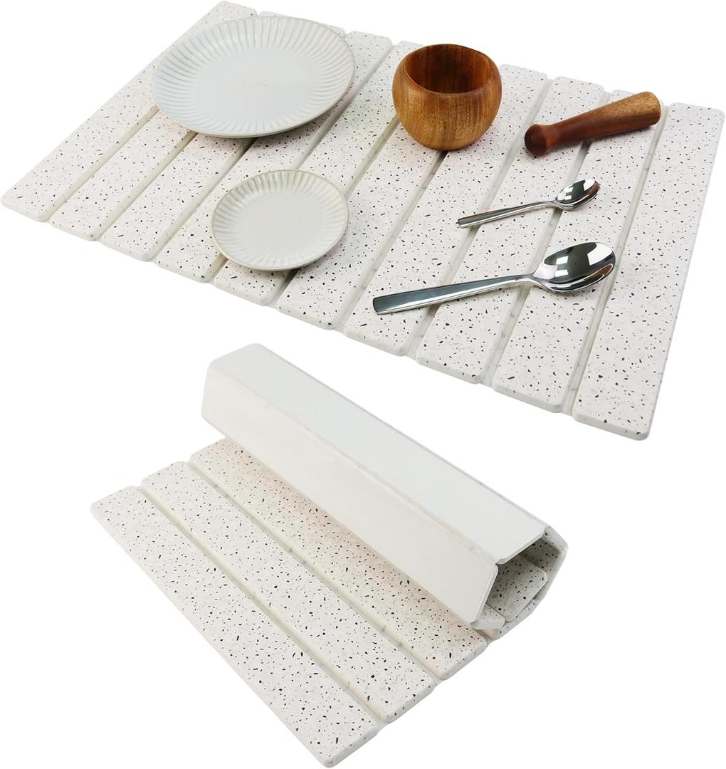 Large Stone Drying Mat for Kitchen Counter Diatomaceous Earth Collapsible 24L*16WSuper Heat Resistant Mats, Quick Absorbent Dish Drying RackSpotted pattern (23.6" x 15.4")