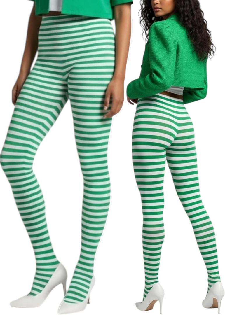 ToBeInStyle Women's Thin Horizontal Stripe Opaque Tights Pantyhose - Regular or Plus (White/Kellygreen)