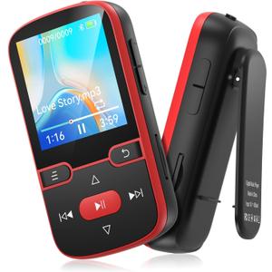 64GB MP3 Player Bluetooth 5.3 with Clip, HiFi Sport Music Player, 1.5 Inch Screen MP3 Player for Kids with Physical Buttons, FM Radio/Pedometer/Voice Recorder, Weighs Only 28g, TF Card Up to 128G(Red)