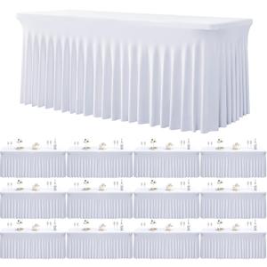 12 Pack White Spandex Tablecloth for 6 Foot Rectangle Tables, Wrinkle Free Fitted Table Cloth Cover 6ft White Stretchy Tablecloths with Skirt for Parties Weddings Birthday Banquet Baby Shower