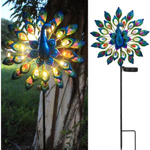 Solar Peacock Wind Spinner Metal Windmill | Solar Garden Stake Lights Decorative for Outdoor Patio Lawn Porch Yard, Gift for Mom Women BirthdayPeacock Wind Spinner