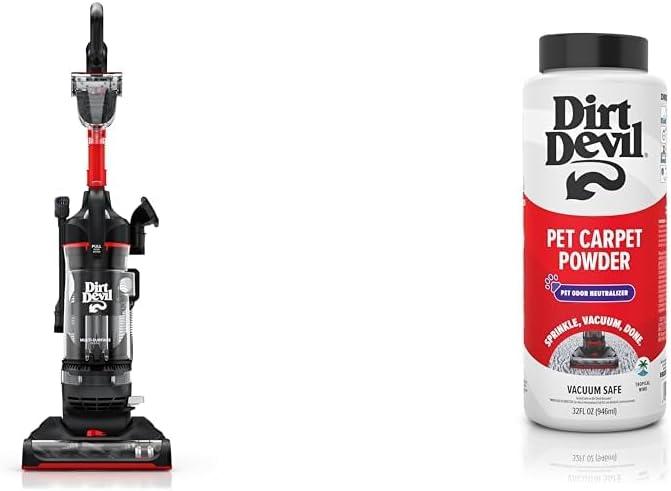 Dirt Devil Multi-Surface Rewind+ Bagless Upright Vacuum Cleaner Machine with Cord Rewind, UD76800V + 32 oz Pet Carpet Powder, Room Refresher, Pet Odor Eliminator, Tropical Wind Scent, AD31211